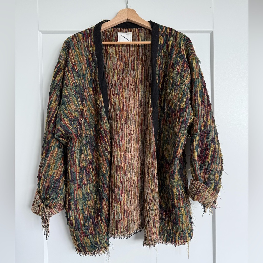Green and Yellow Textured Cardigan with Relaxed Open Front